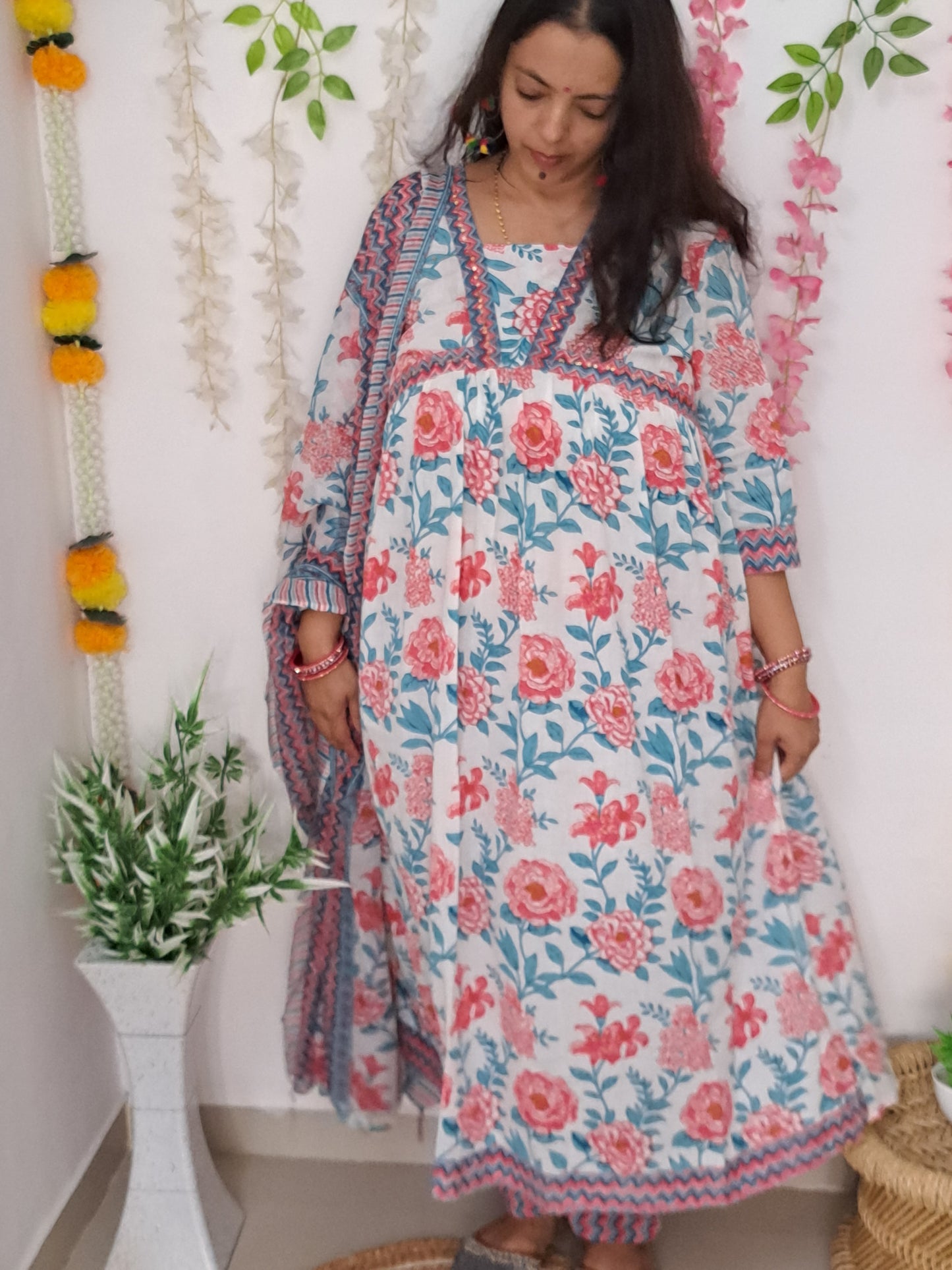 Floral Bliss: Pink Pure Cotton Alia Cut Kurta Pant and Dupatta Set