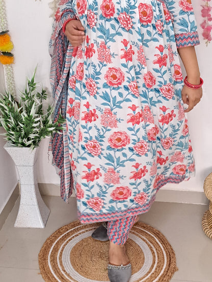 Floral Bliss: Pink Pure Cotton Alia Cut Kurta Pant and Dupatta Set