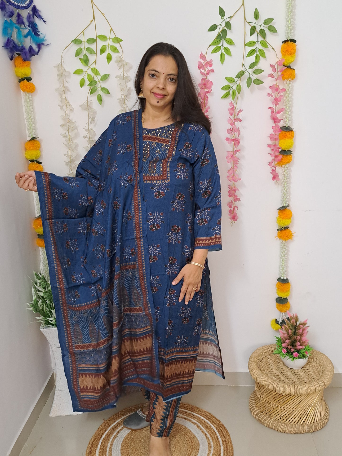 Azure Allure: Pure Muslin Ajarakh Print Dupatta Set