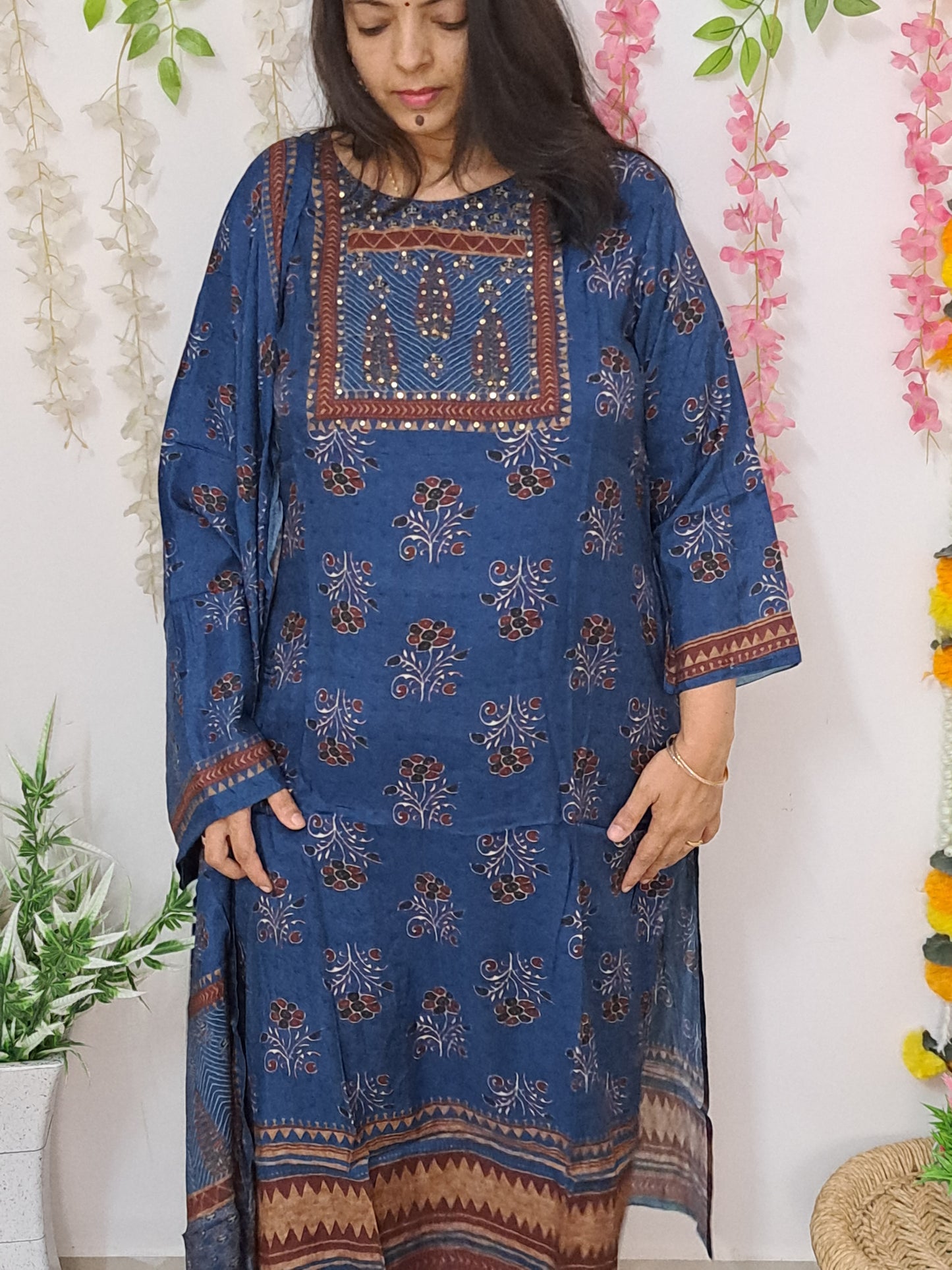 Azure Allure: Pure Muslin Ajarakh Print Dupatta Set