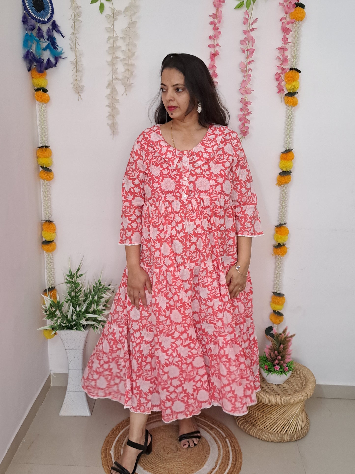 Pink Petals: Floral Printed Cotton Ethnic Dress