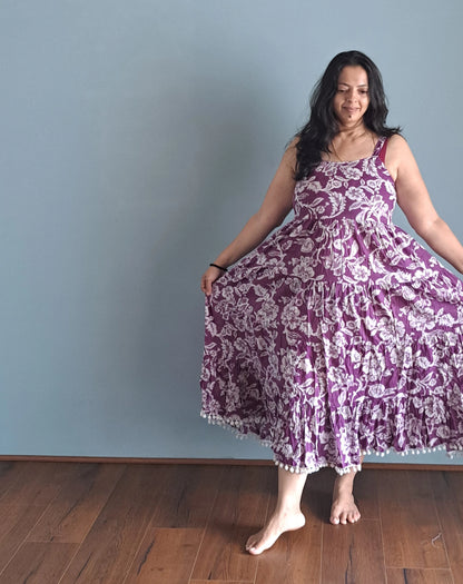 Ethereal Plum: Purple floral Cotton Spaghetti Midi Dress