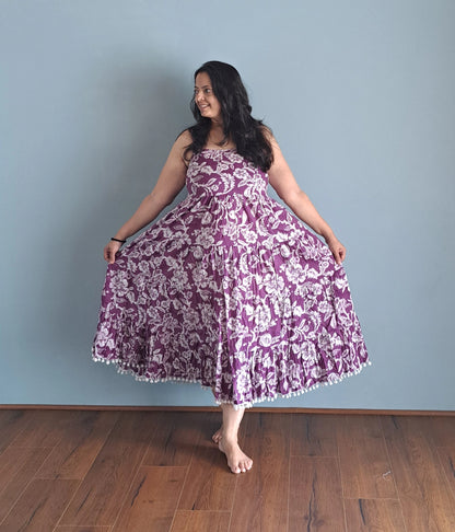 Ethereal Plum: Purple floral Cotton Spaghetti Midi Dress