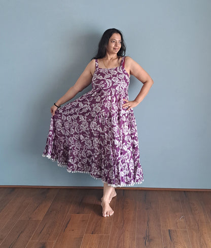 Ethereal Plum: Purple floral Cotton Spaghetti Midi Dress