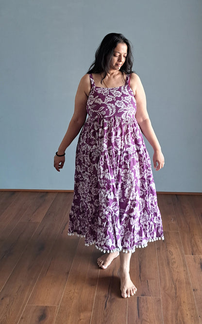 Ethereal Plum: Purple floral Cotton Spaghetti Midi Dress