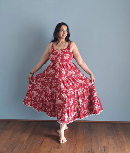 Blooming Petals: Red and White Floral Cotton Spaghetti Dress