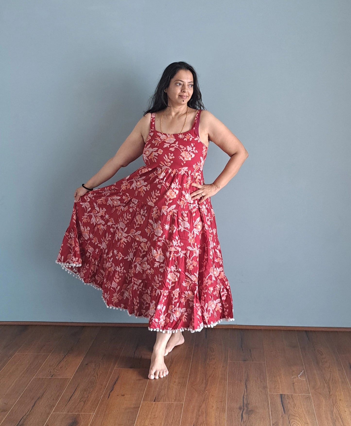 Blooming Petals: Red and White Floral Cotton Spaghetti Dress