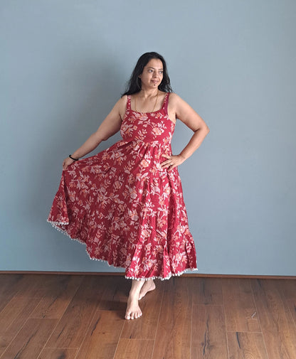 Blooming Petals: Red and White Floral Cotton Spaghetti Dress