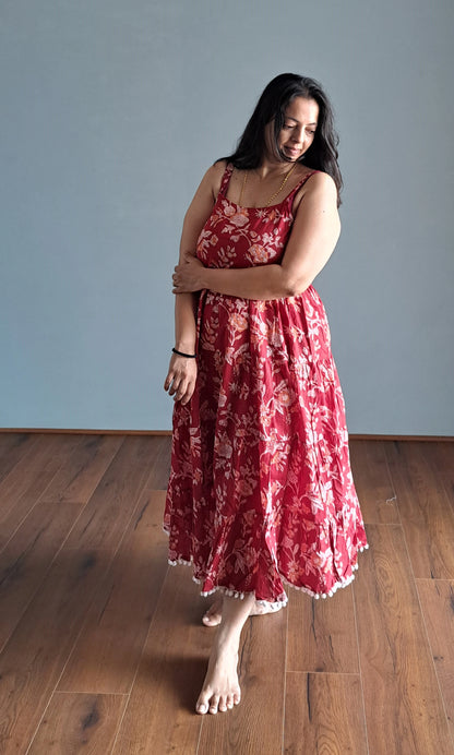 Blooming Petals: Red and White Floral Cotton Spaghetti Dress