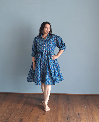 Azure Allure: Blue Paisley Printed Cotton Dress