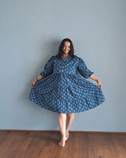 Azure Allure: Blue Paisley Printed Cotton Dress