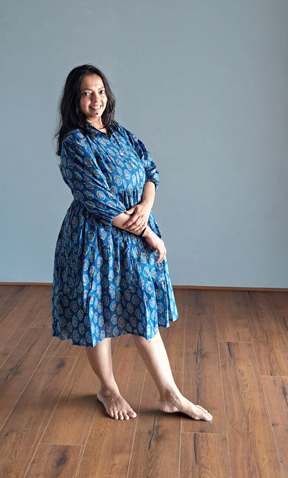 Azure Allure: Blue Paisley Printed Cotton Dress