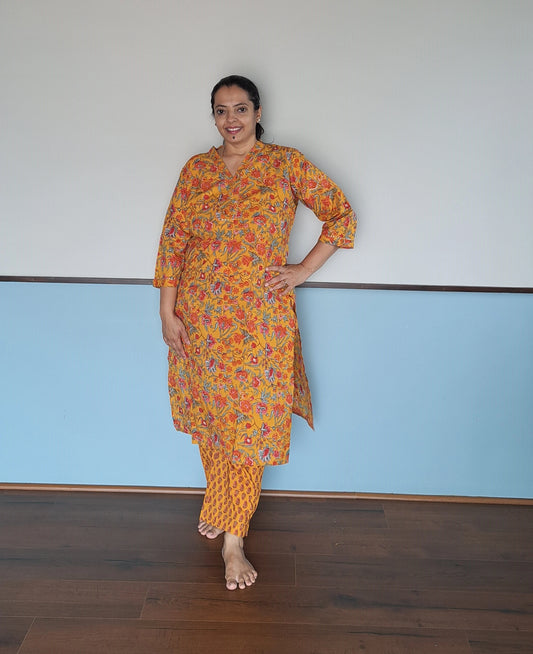 Sunflower Bloom: Mustard Cotton Floral Printed Kurta Pant Set