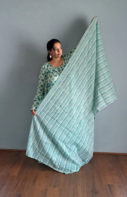 Verde Vista: Green Hand block Floral Printed Cotton Kurta Set with Dupatta