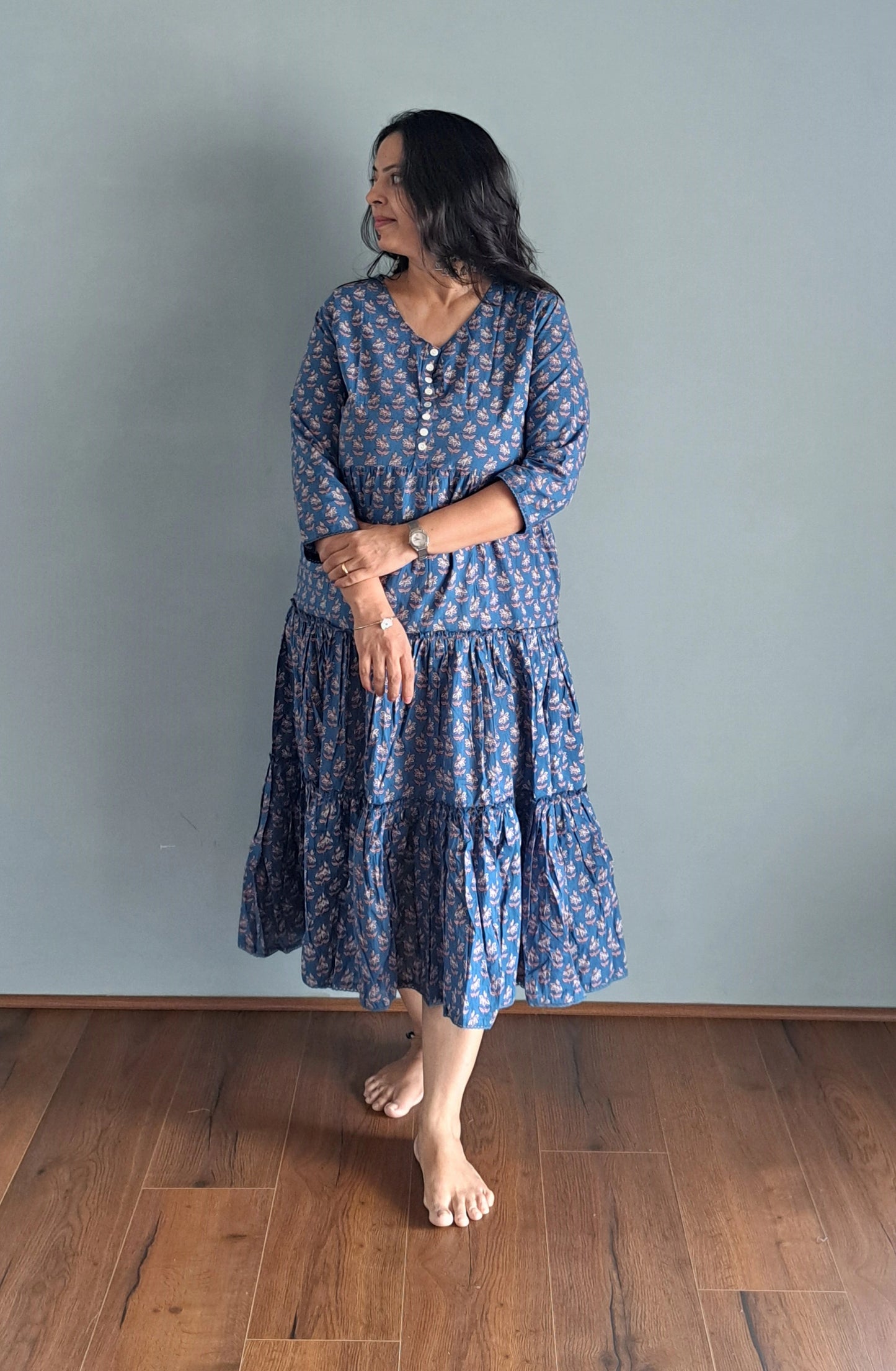 Sapphire Blooms: Blue Floral Printed Long Dress