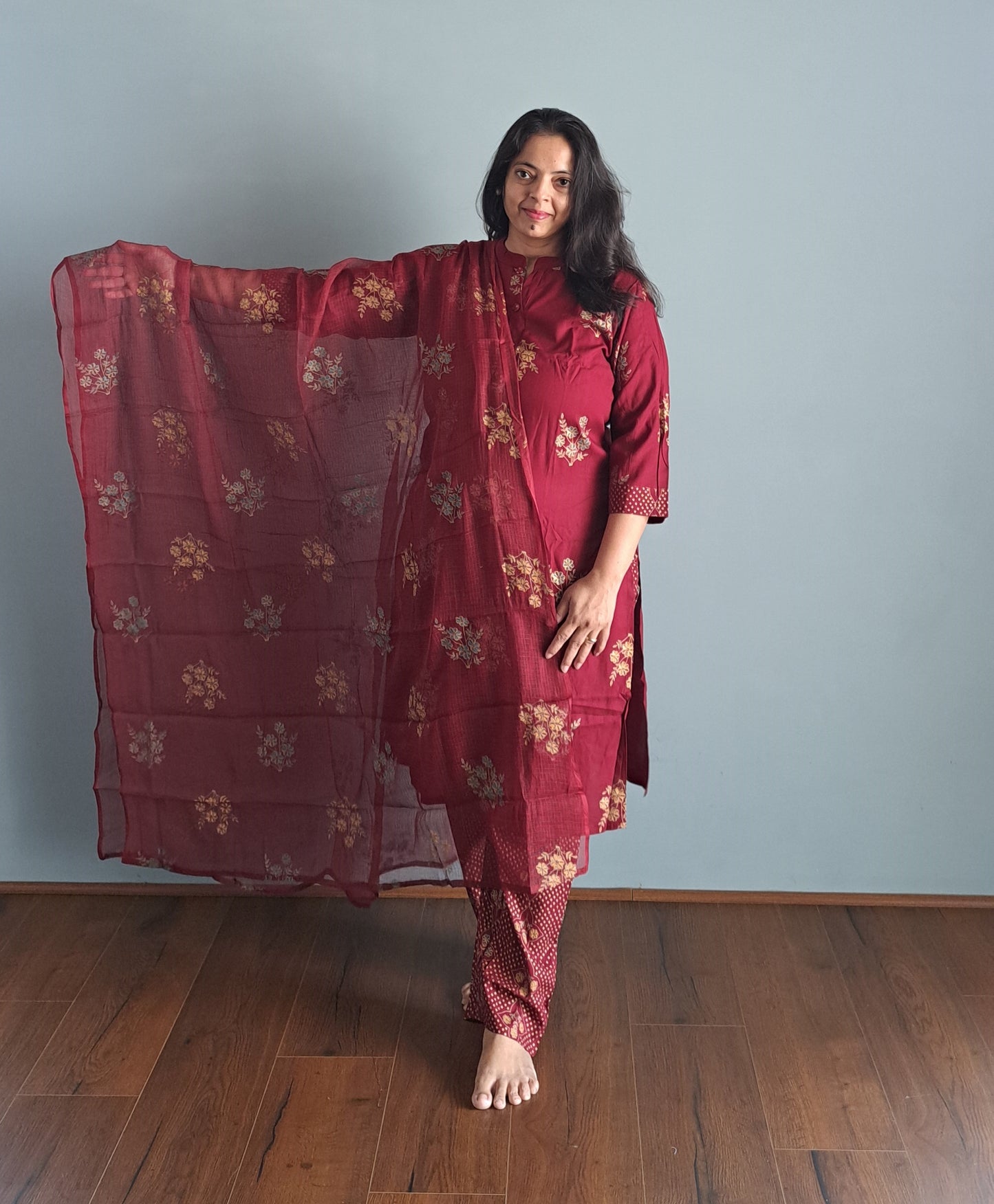 Maroon Rayon Kurta Pant Set with kota doria Dupatta