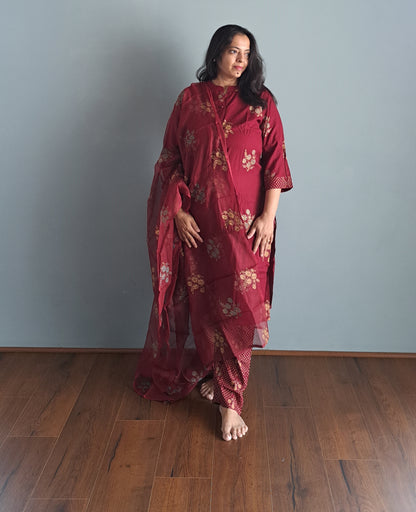 Maroon Rayon Kurta Pant Set with kota doria Dupatta