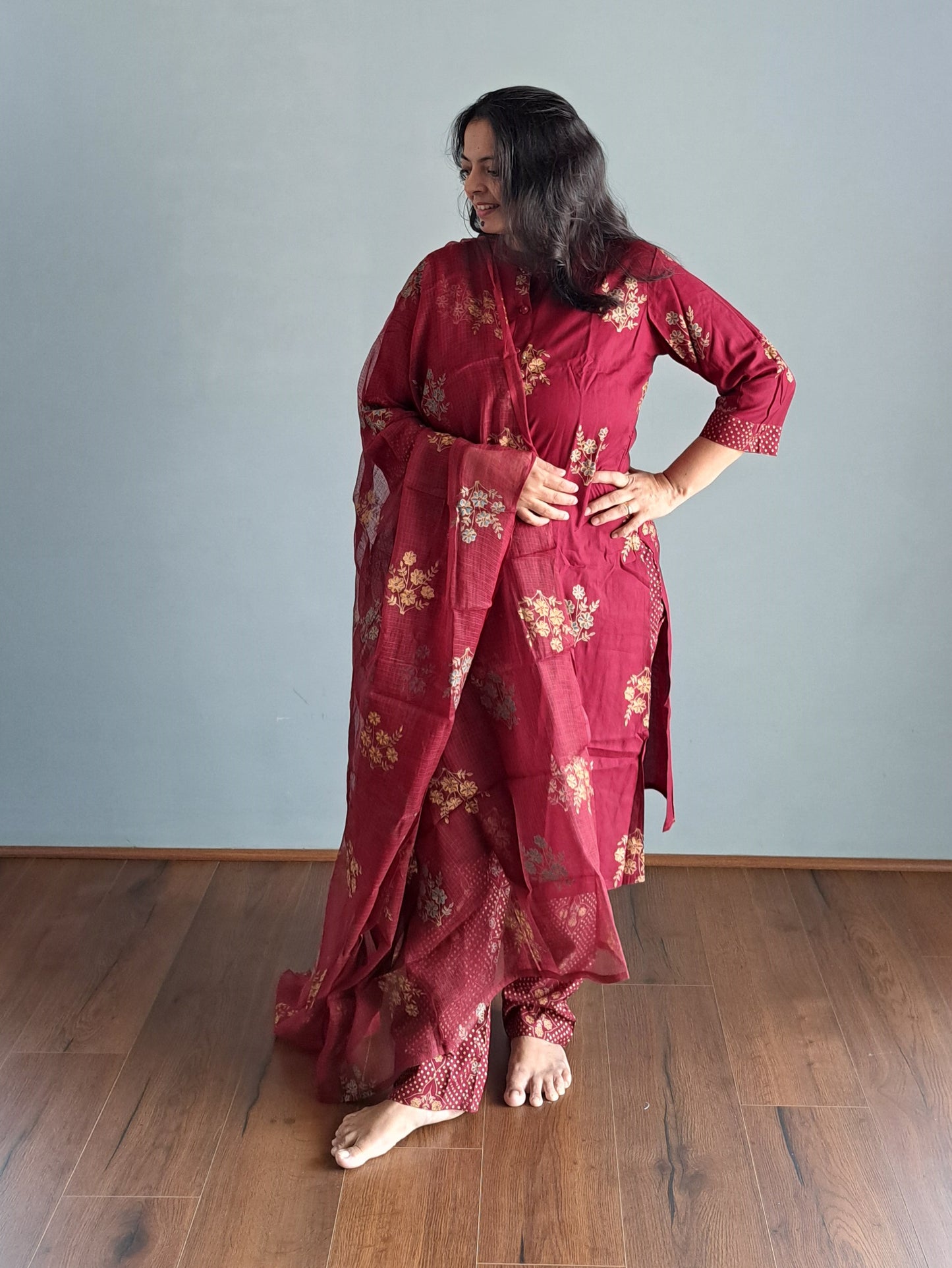 Maroon Rayon Kurta Pant Set with kota doria Dupatta