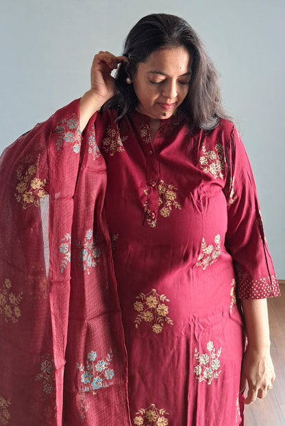 Maroon Rayon Kurta Pant Set with kota doria Dupatta