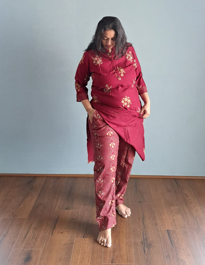 Maroon Rayon Kurta Pant Set with kota doria Dupatta