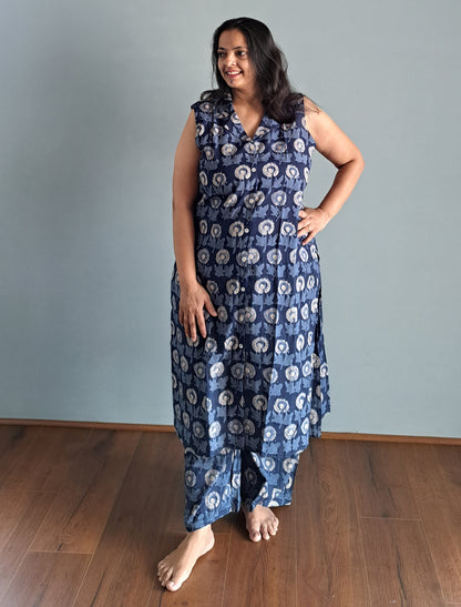 Navy Blue Floral Printed A-Line Rayon Co ord Set