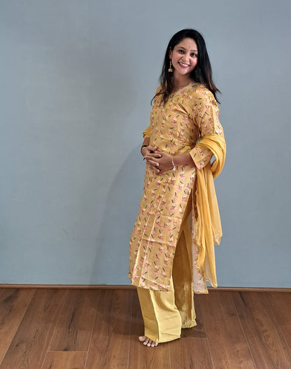 Golden Yellow and Pink Embroidered & Floral Print Muslin Suit set