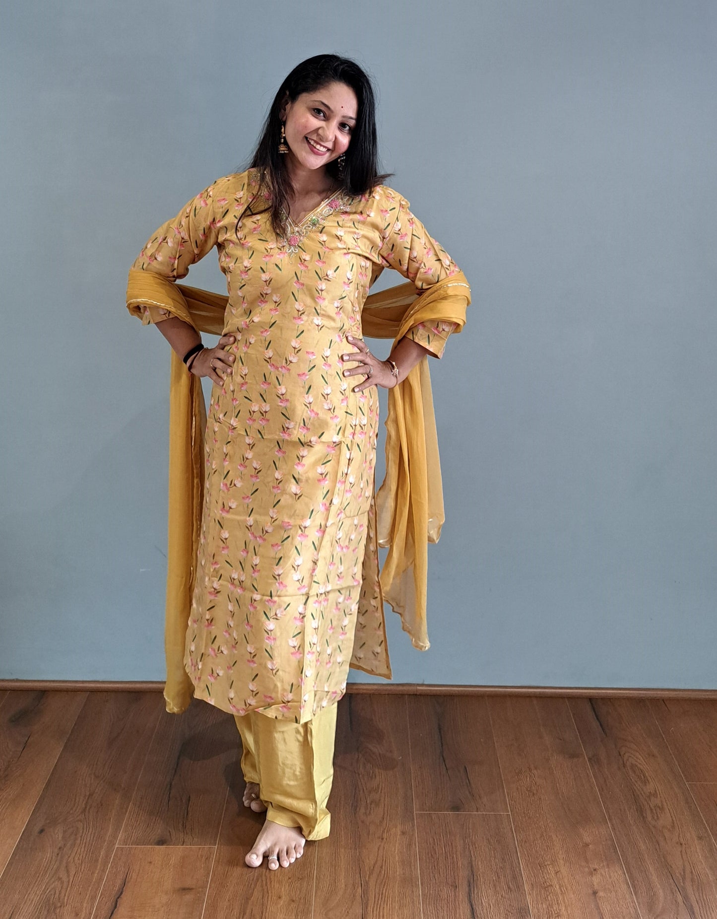 Golden Yellow and Pink Embroidered & Floral Print Muslin Suit set