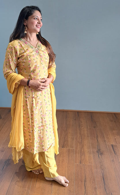 Golden Yellow and Pink Embroidered & Floral Print Muslin Suit set