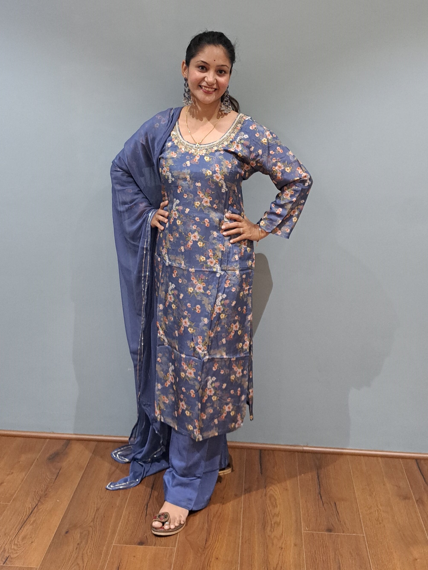 Blue Embroidered & Floral Print Muslin Suit set