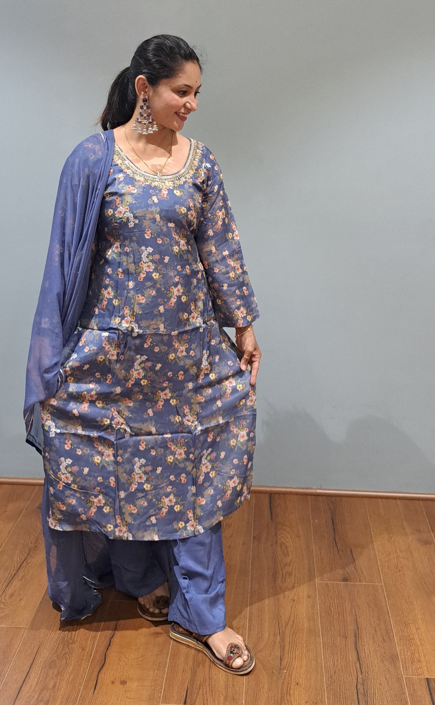 Blue Embroidered & Floral Print Muslin Suit set