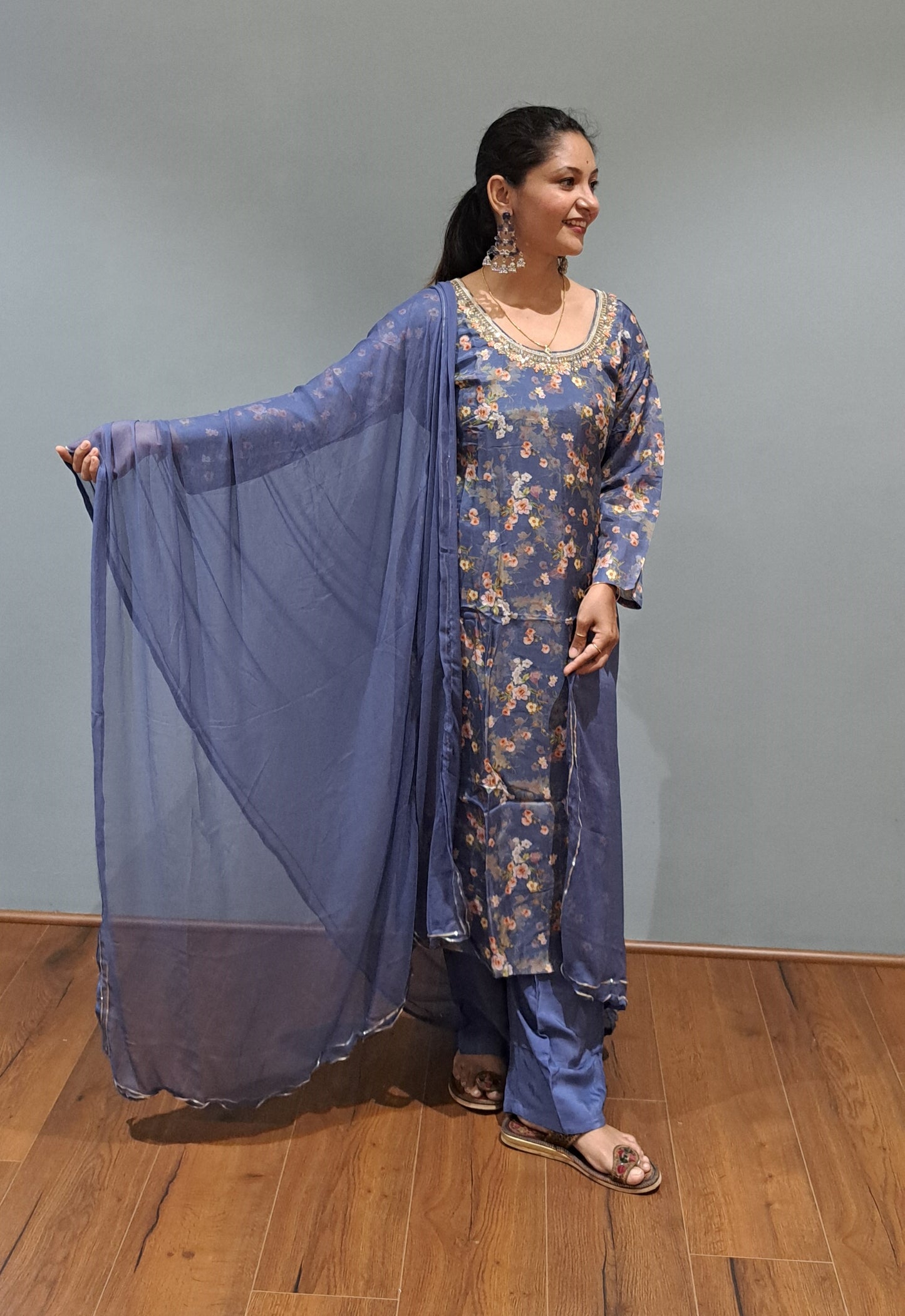 Blue Embroidered & Floral Print Muslin Suit set