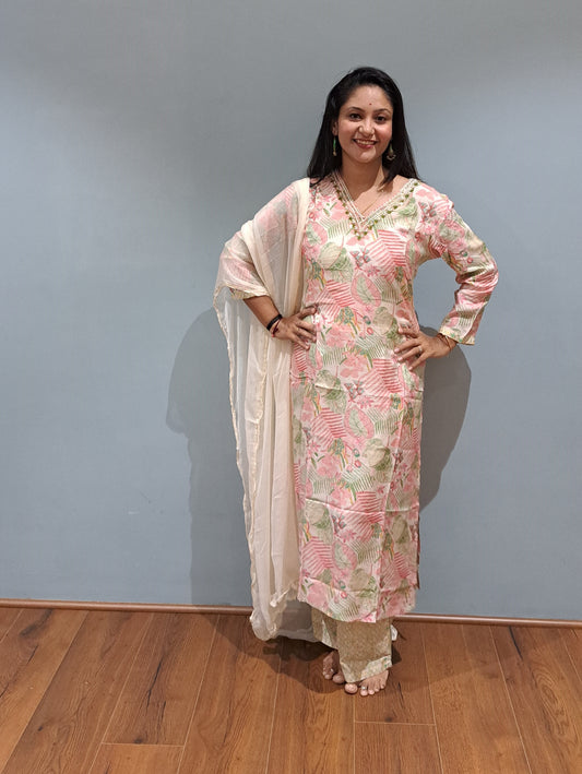 Cream Embroidered & Floral Print Muslin Kurta Set