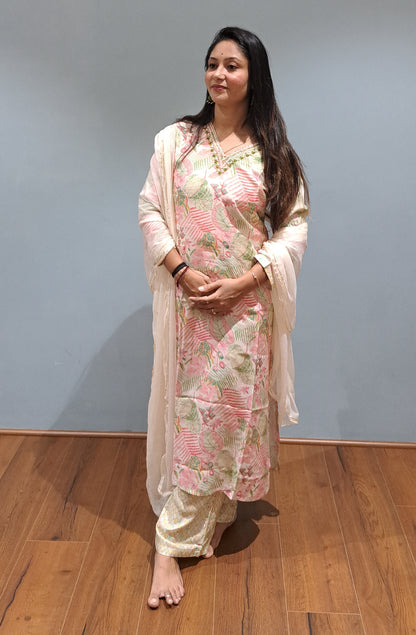 Cream Embroidered & Floral Print Muslin Kurta Set