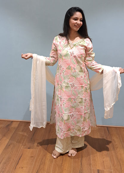 Cream Embroidered & Floral Print Muslin Kurta Set