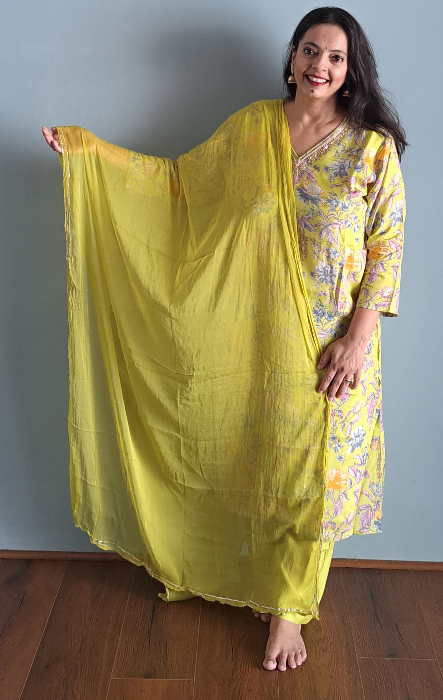 Yellow Embroidered Floral Print Muslin Suit Set