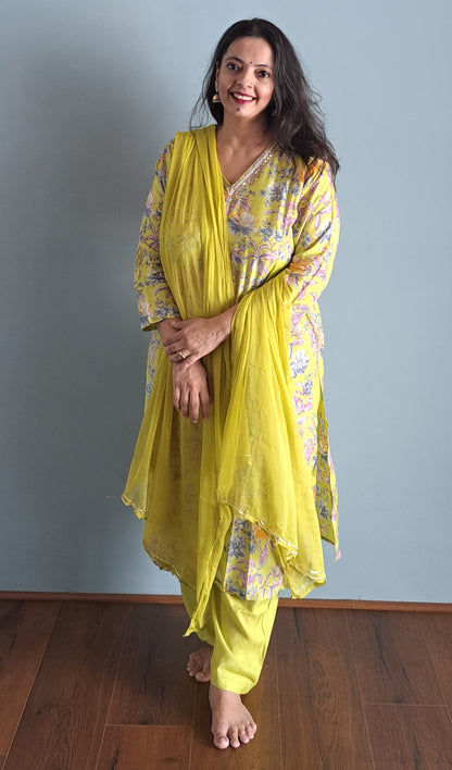 Yellow Embroidered Floral Print Muslin Suit Set