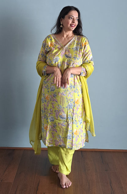 Yellow Embroidered Floral Print Muslin Suit Set