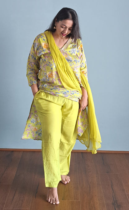 Yellow Embroidered Floral Print Muslin Suit Set