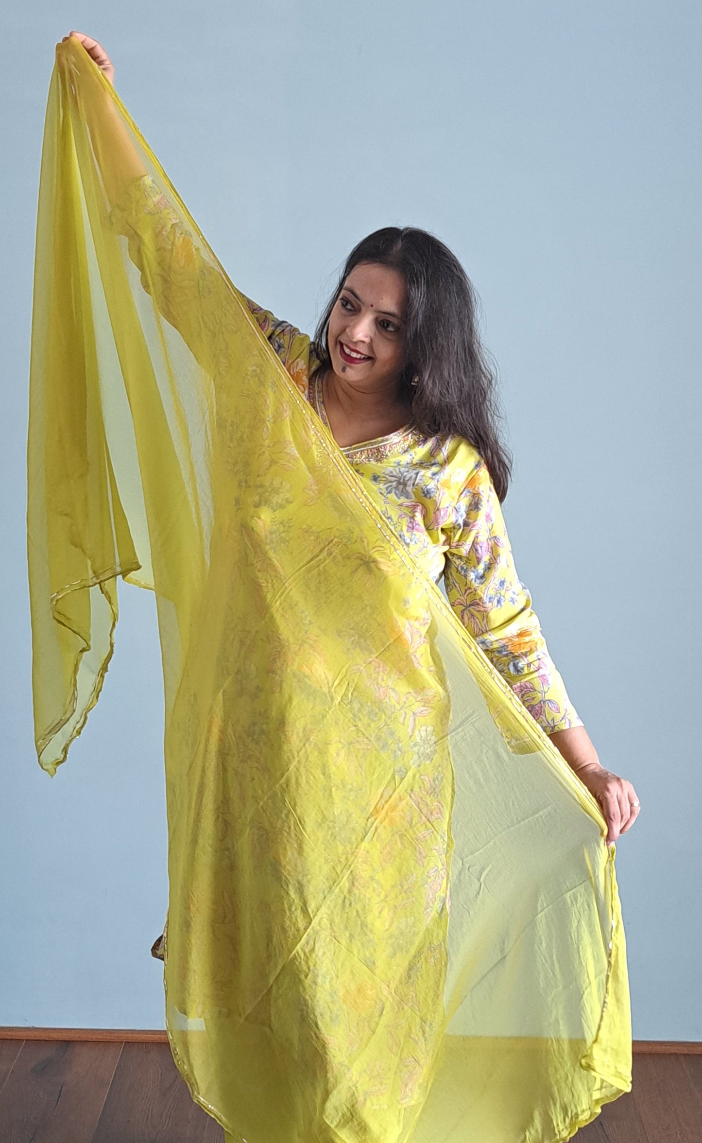 Yellow Embroidered Floral Print Muslin Suit Set