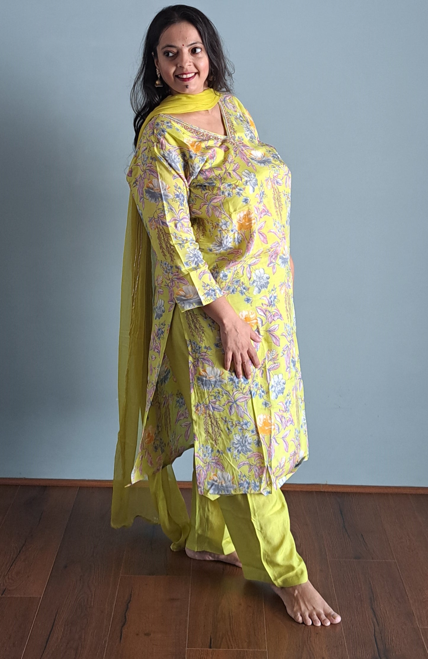 Yellow Embroidered Floral Print Muslin Suit Set