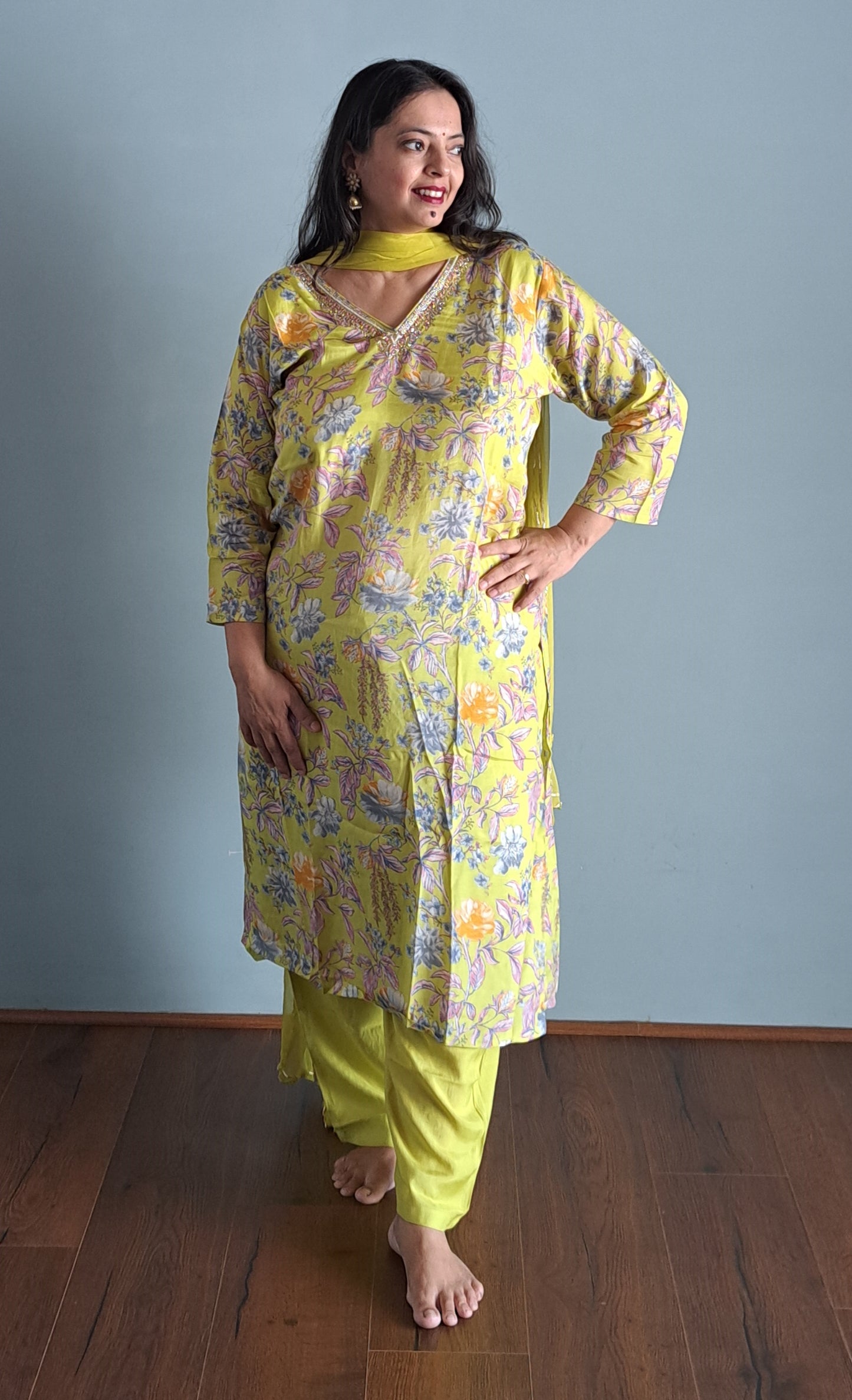 Yellow Embroidered Floral Print Muslin Suit Set