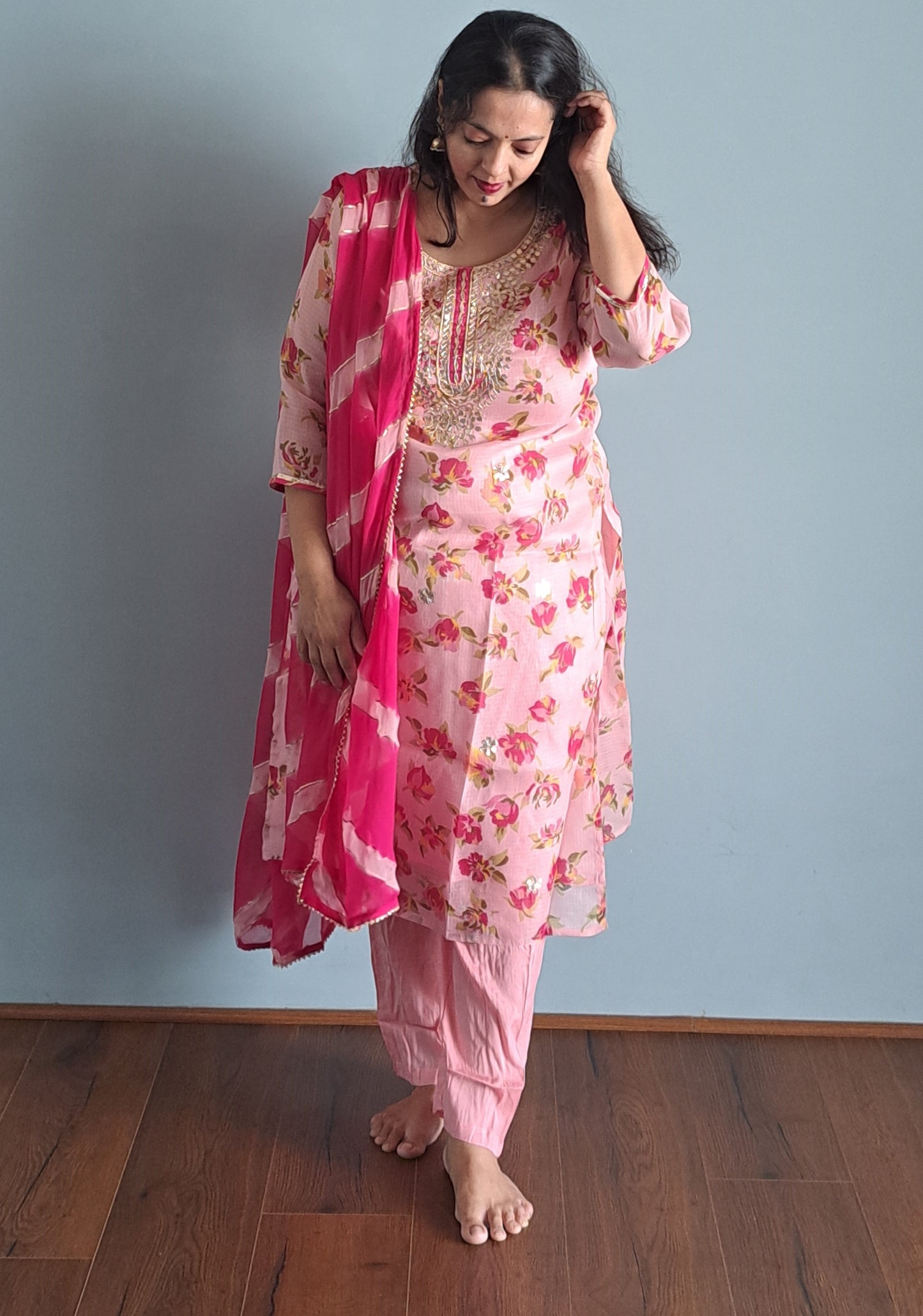 Pink Kota Doria Floral Printed Suit Set