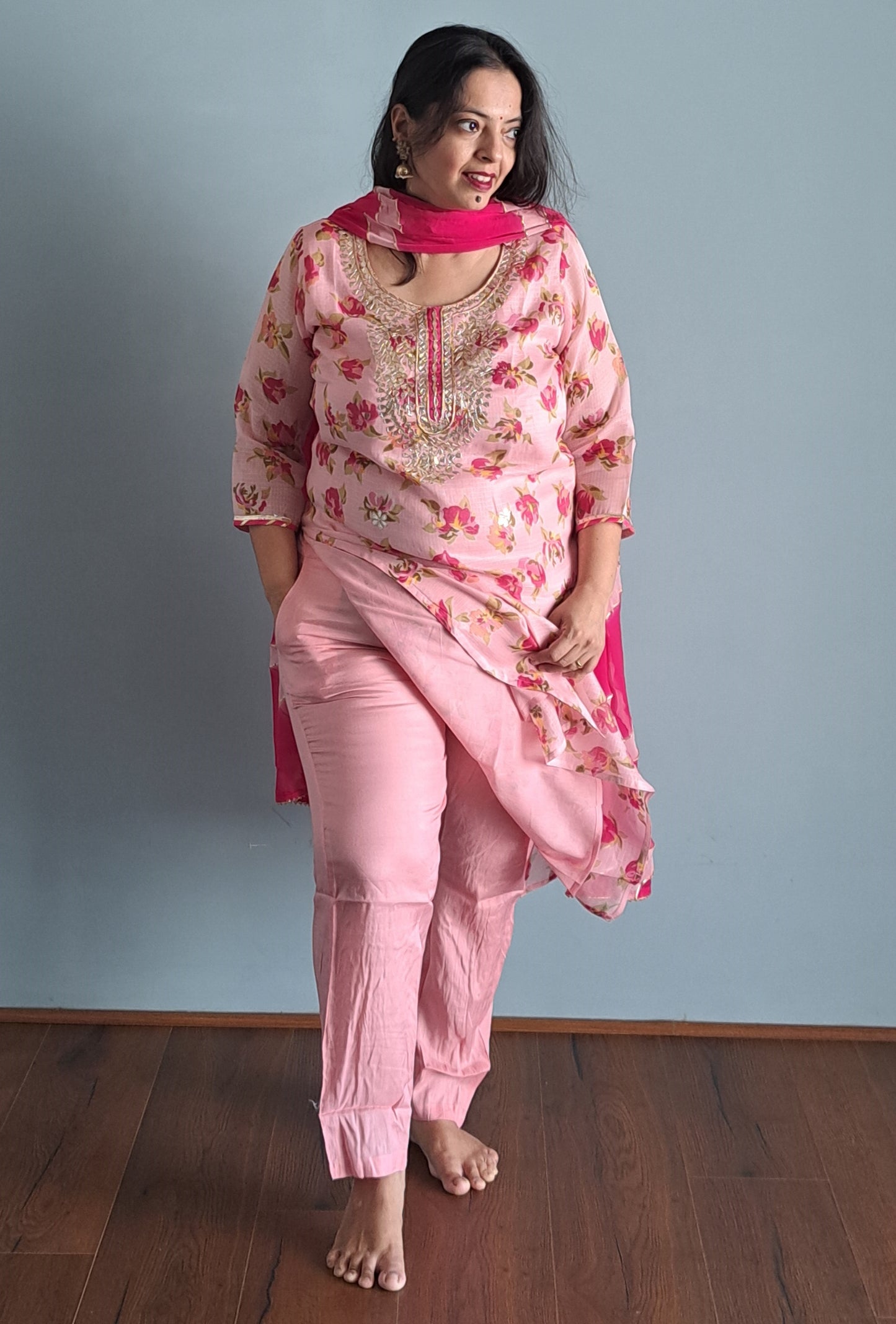 Pink Kota Doria Floral Printed Suit Set