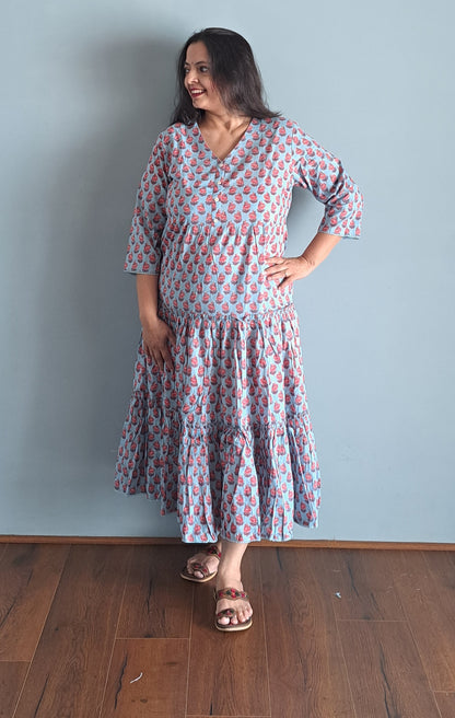 Sky Blue Floral Printed Cotton Tiered Dress