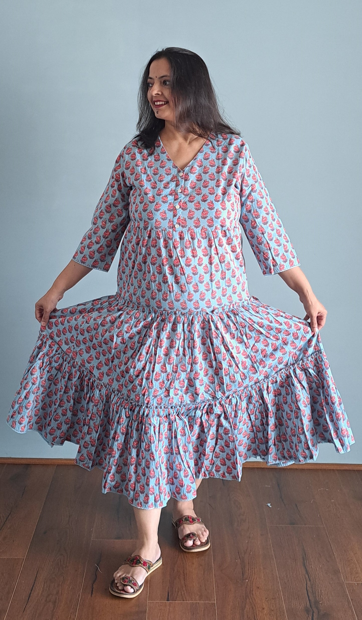 Sky Blue Floral Printed Cotton Tiered Dress