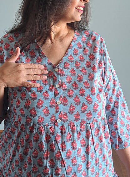 Sky Blue Floral Printed Cotton Tiered Dress