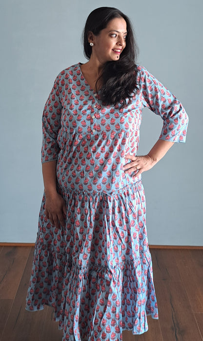 Sky Blue Floral Printed Cotton Tiered Dress