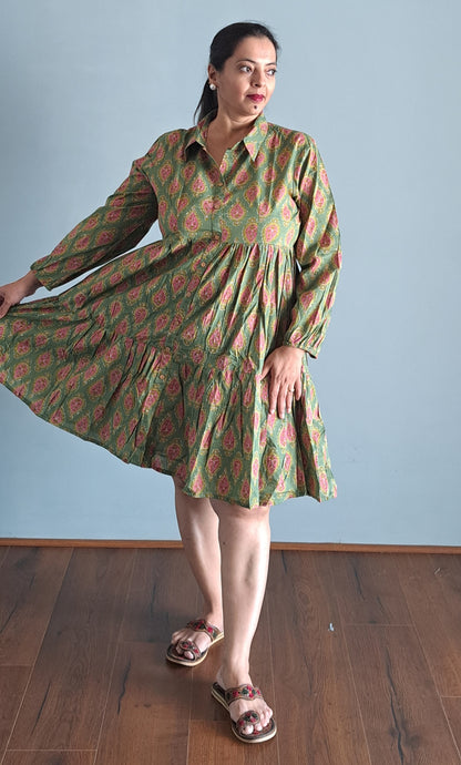 Green Paisley Printed Cotton Dress for Women