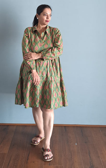 Green Paisley Printed Cotton Dress for Women