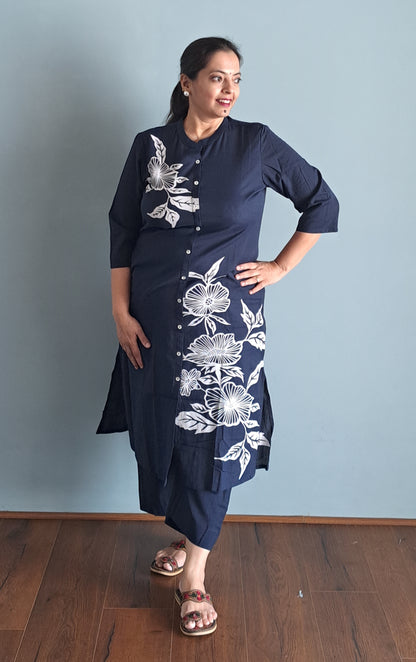 Navy Blue Floral Printed Cotton A-line Fit Kurta Pant Set